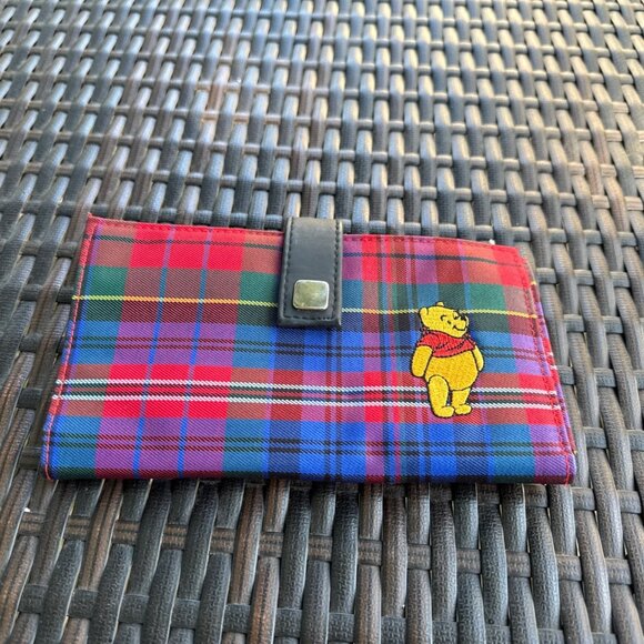 Disney Winnie The Pooh Trifold Wallet Red Blue Plaid Long Coin C26 - Picture 1 of 4